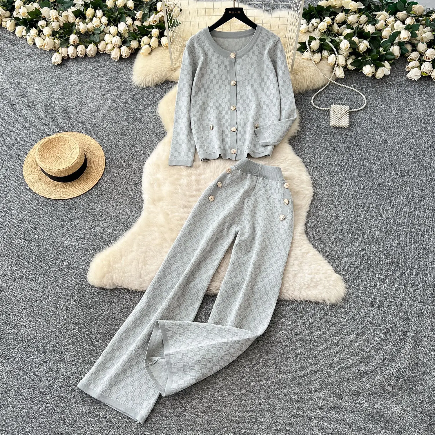 Conjunto de pantalón para mujer, conjuntos de dos piezas, suéteres de manga larga con cuello redondo, Tops, pantalones largos de pierna ancha, cintura elástica estampada, ropa de calle Y2k