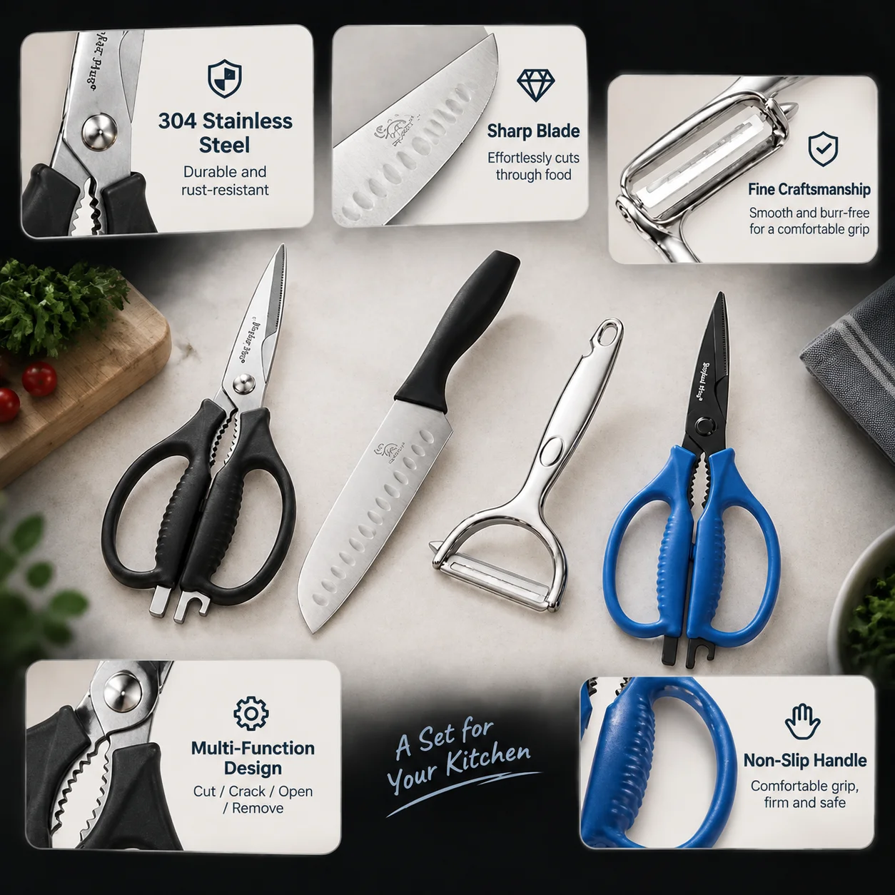 Stainless Steel Kitchen Knife And Scissors Three-Piece Set Household Slicing Knife, Scissors, Melon Peeler, Complete Home Set