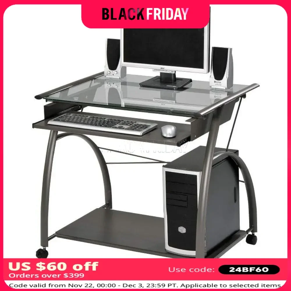 Rolling PC Computer Desk on Wheels Compact Laptop Table Workstation with Keyboard Tray 2-Tier Home Office Study Writing Desk