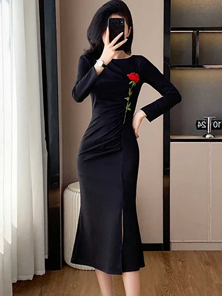 Women Elegant Bodycon Prom Clothes Autumn Winter Black Pleated Embroidery Floral Long Dress 2024 Korean Vintage Hepburn Vestidos