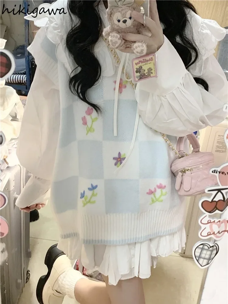 

Preppy Style Sweet Sweater Vest 2025 Women's Clothing Floral Plaid Korean Waistcoat Oversized Tops Casual Fashion Knitted Tanks