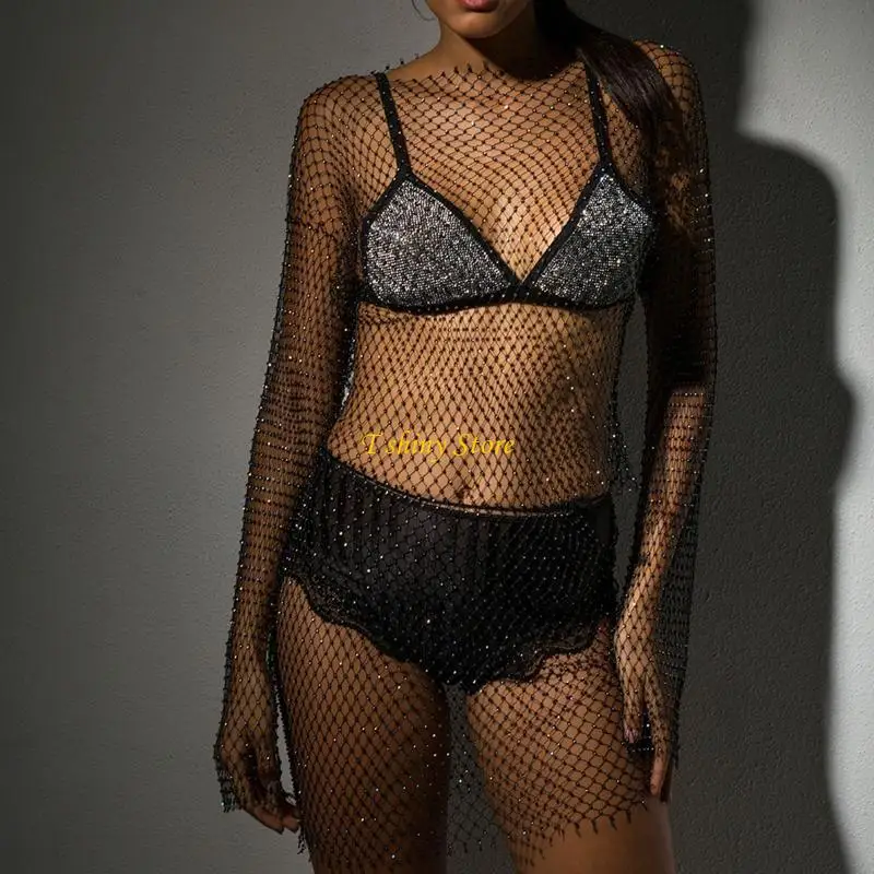 

N58F Women Sexy See Through Mesh Long Sleeve Mini Dress Glitter for Rhinestone Bodycon Beach Swimsuit Cover