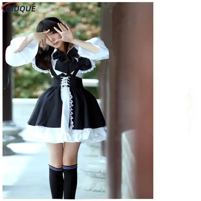 Women maid outfit anime long dress black and white apron dress Lolita dresses men Cafe costume cosplay costume горничная mucama