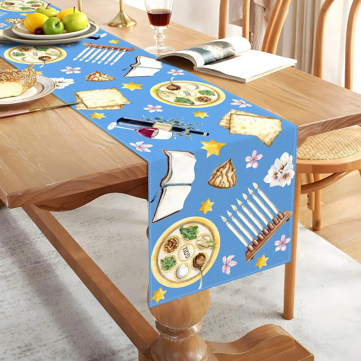 Happy Passover Linen Table Runner Home Party Decor Matzo Red Wine Seder Jewish Pesach Table Runners Kitchen Dining Table Decor