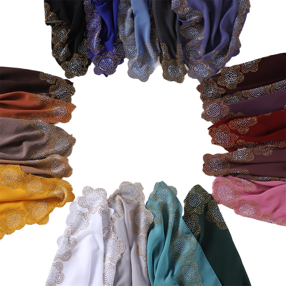 

Women scarf solid square plain chiffon hot diamonds cut flower shawl foulard new fashion Muslim echarpe hijabs bandana 10pcs