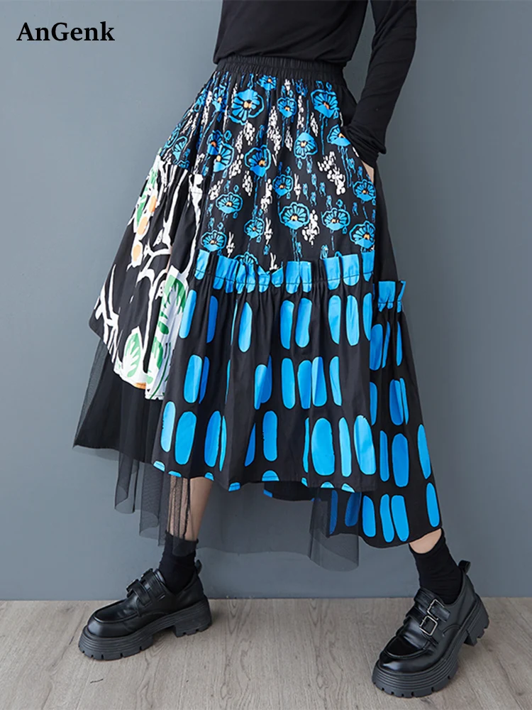 Fashion Print Splice Mesh Black High Waist Skirts For Women Spring Summer New Plus Size Loose Casual Irregular Long Skirt 2026