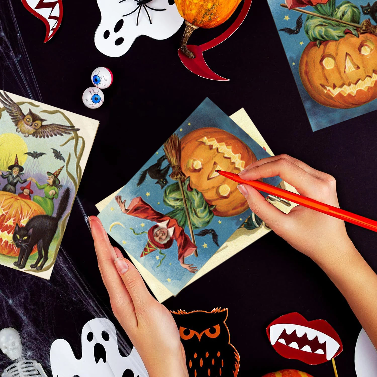 12pc Halloween Vintage Greeting Card with Envelopes Retro Pumpkin Cat Invitation Postcard Blank Note Cards Halloween Party decor