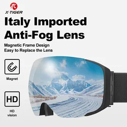 Lunettes de ski magnétiques X-TIGER avec lentille à changement rapide et étui, protection UV400 100%, lunettes antibuée 506 pour hommes et femmes