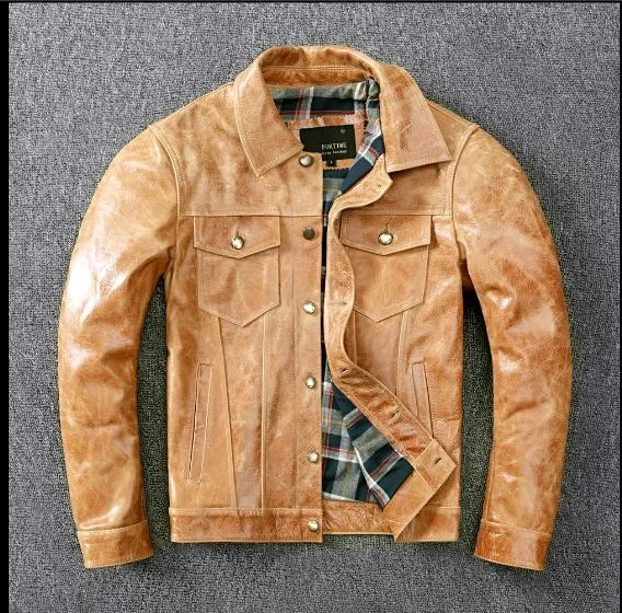 slim Mens Free shipping.2023 genuine leather jacket,Vegetable tanned batik head leather coat,classic 507 style leather jacket