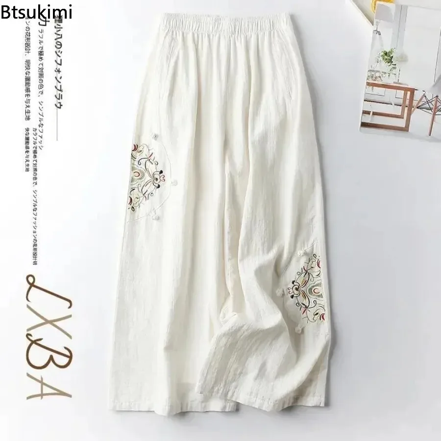 2025 damskie letnie bawełniane i lniane cienkie Pantalones spodnie dla matki hafty Retro proste spodnie Oversize 6xl spodnie szerokie nogawki