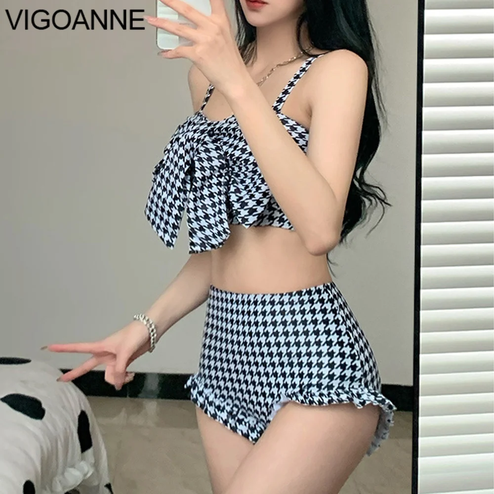 VigoAnne 2024 Print Strapped Swimwear Women Sexy Bow Push UP High Waist Bikini Set Korean Lolita Swimsuit Beach Bathing Suit