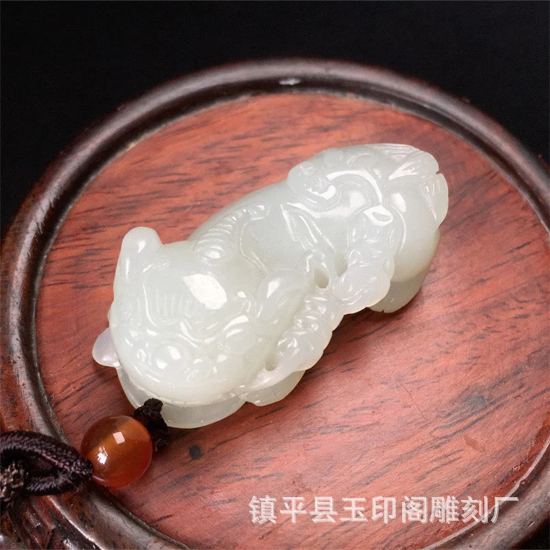 Hetian pendant, green and white jade Pixiu necklace with money charm