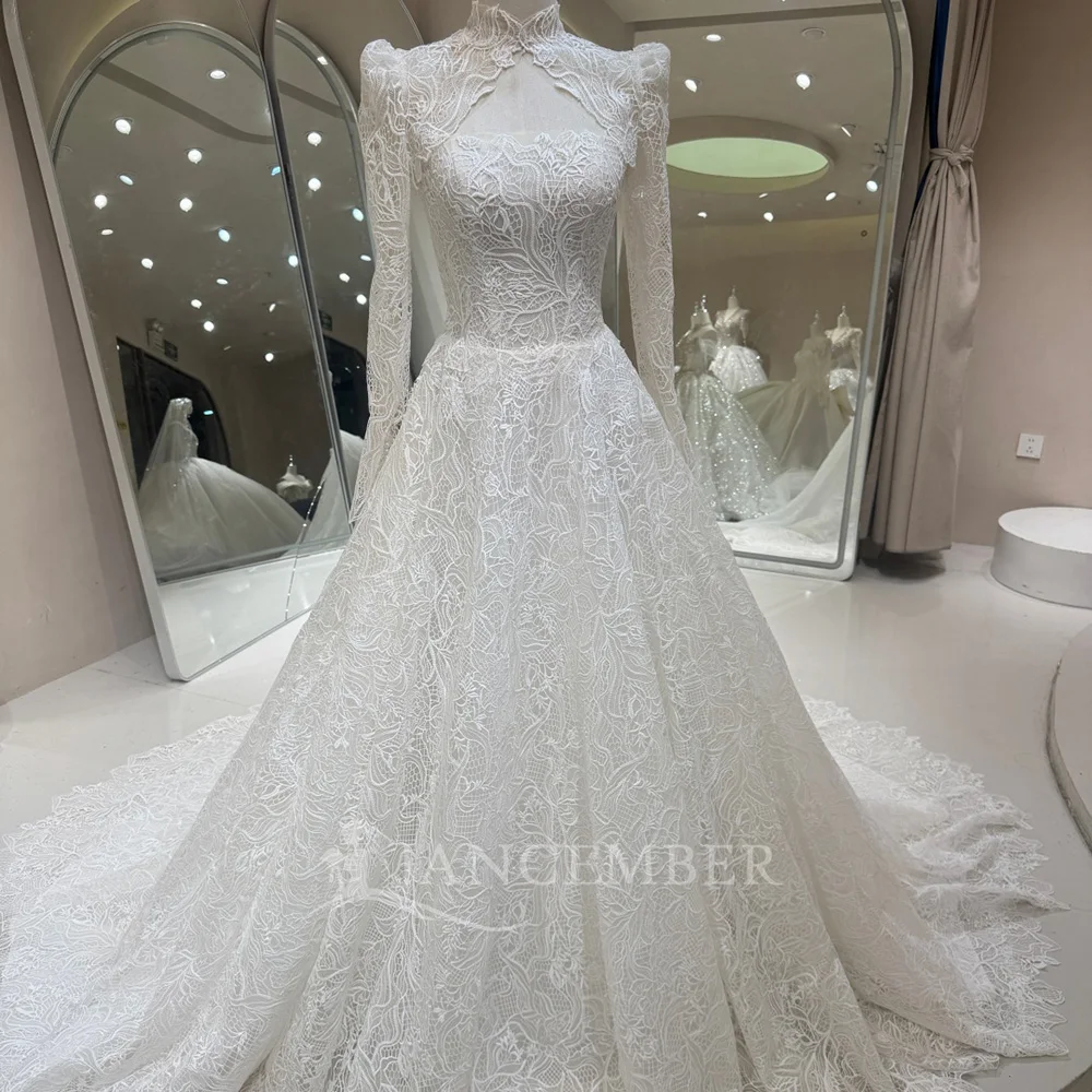Pearlescent Wedding Dress White Lace Ball Gown Customized High Neck Long Sleeves Chapel Train vestidos de boda elegantes