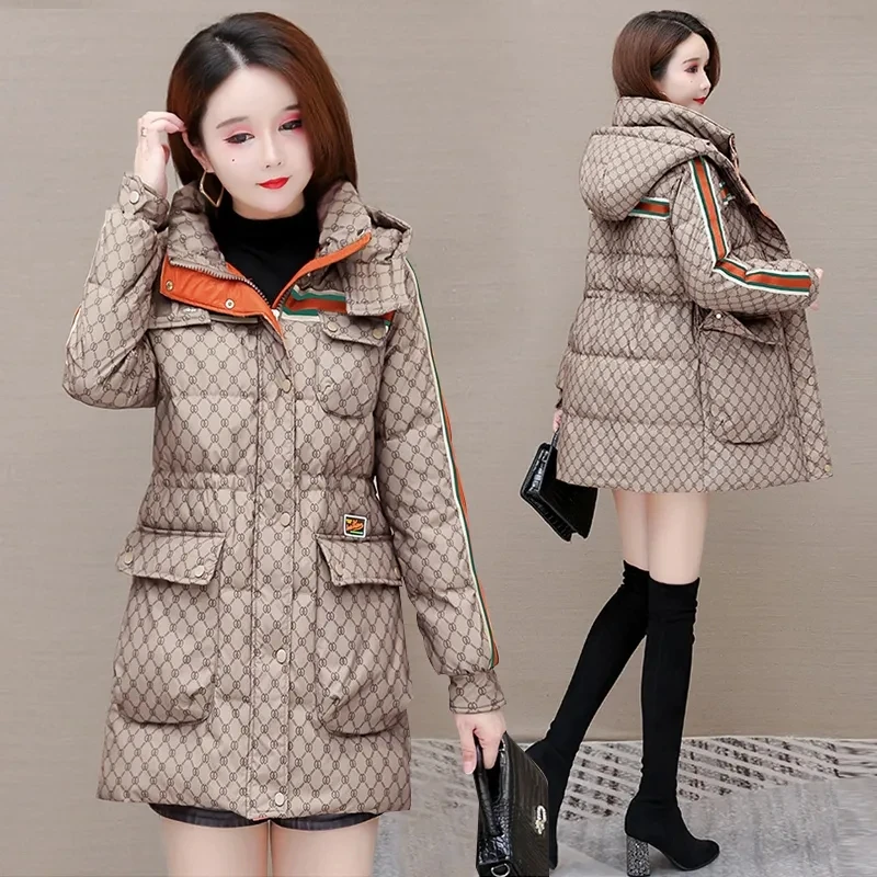 Down Cotton Jacket Womens Long 2023 New Winter Fashion Western Style Thicken Parkas Female Loose Hooded Printing  Padded Coat