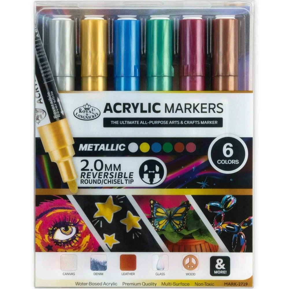 6 Piece Acrylic Reversible Tip Metallic Art Markers Non-Toxic Multi-Surface Craft Pens Fine Detail Illustration Drawing