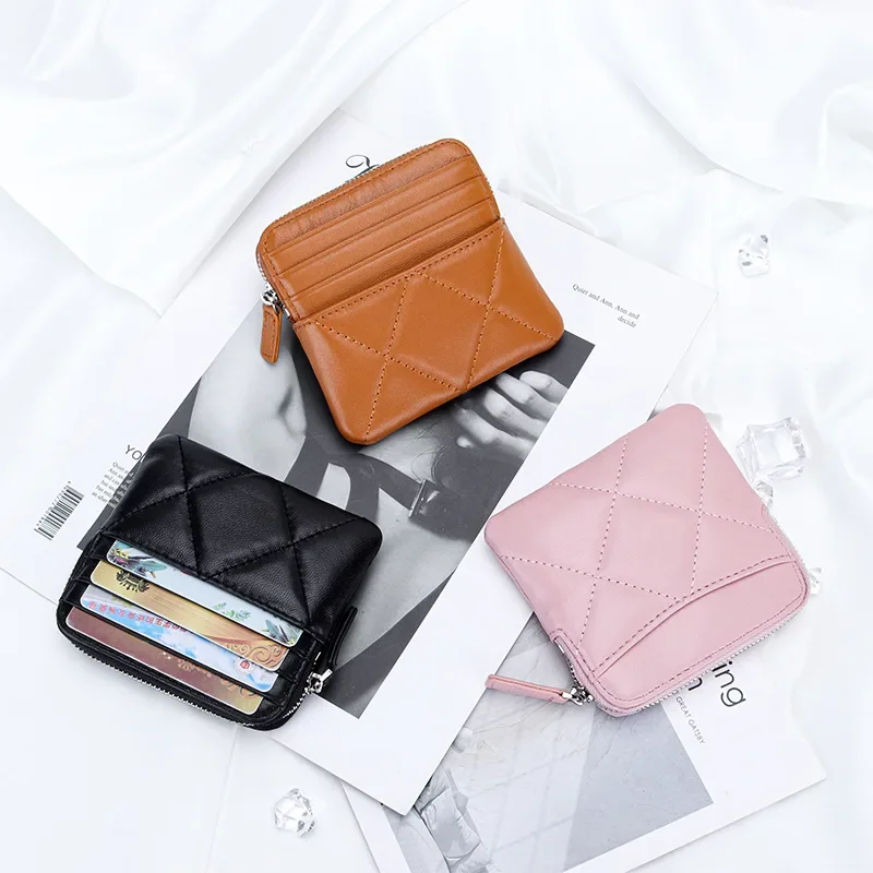 Woman Coin Purse Zipper Wallet Grid Pattern Genuine Leather Card Bag Women Square Pouch Quilted Argyle Functional Toast Wallet