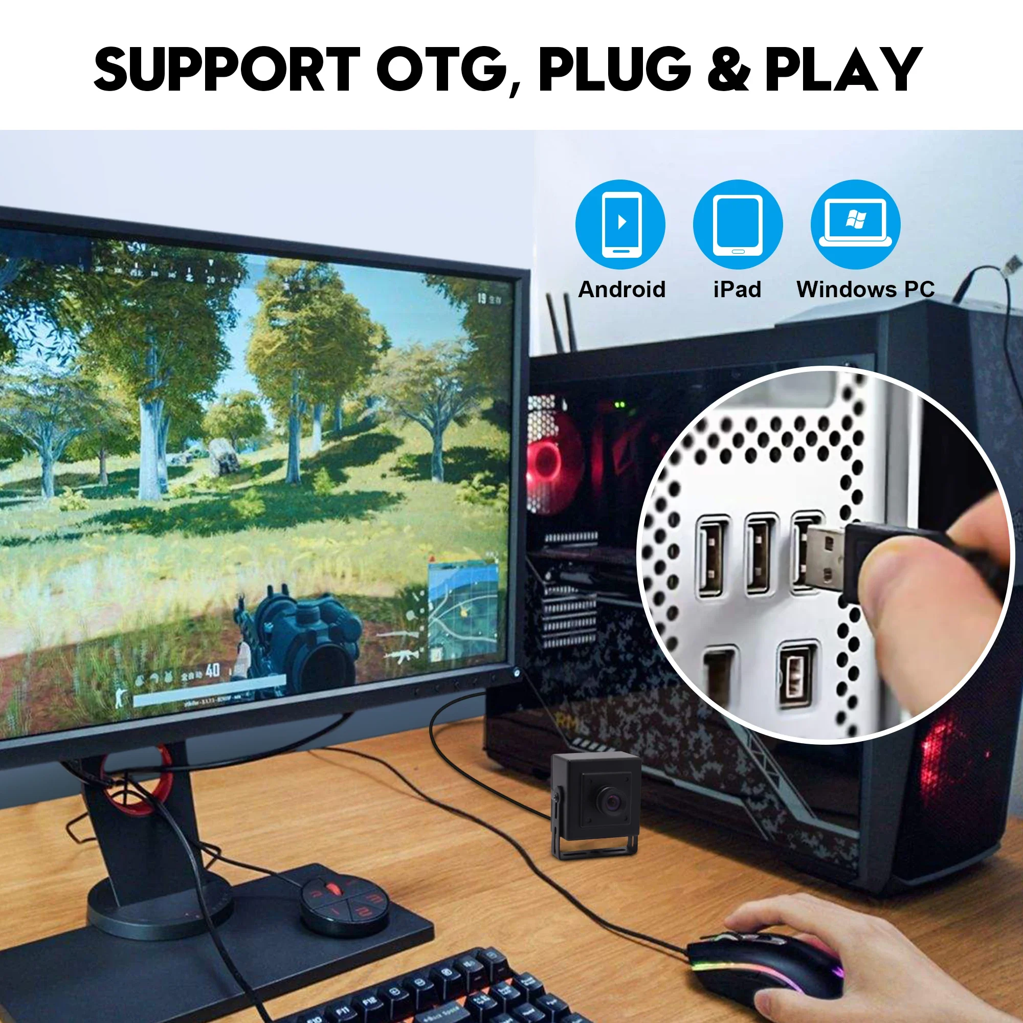 Fotocamera USB grandangolare da 5 MP CMOS MI5100 Webcam USB di sicurezza con obiettivo M12 senza distorsione per streaming live, scansione