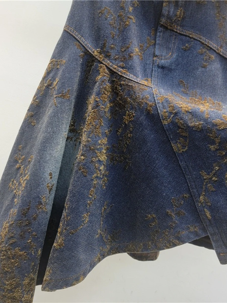 GALCAUR Blauw Gesplitst Massaal Retro Chic Rok Vrouwelijke Hoge Taille Losse Onregelmatige Ontwerp Damesrokken Herfst Mode Stijl Nieuw
