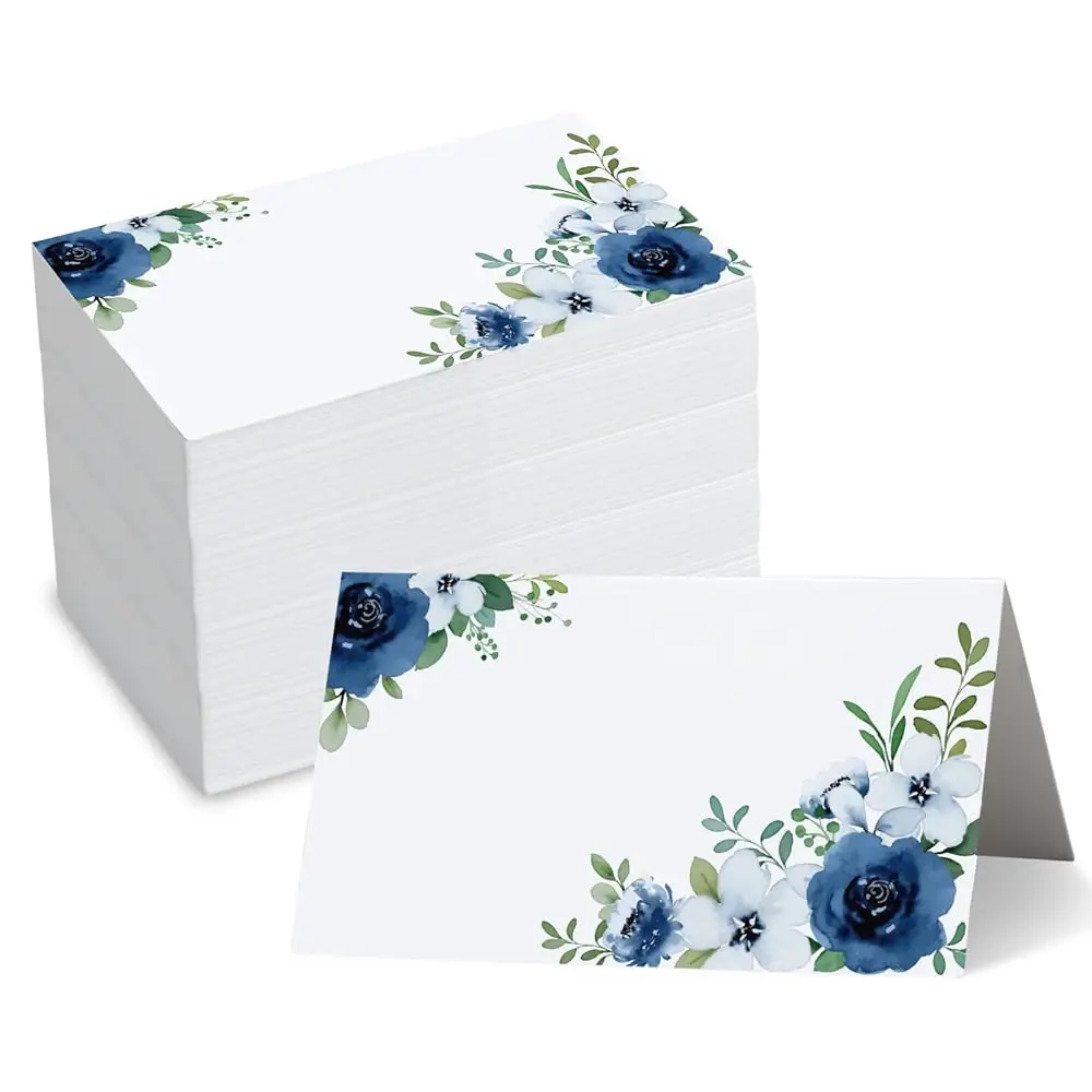 

100Pcs Floral Place Cards 3.5 X 2 H White Blue Tented Cards Watercolor Flower Seating Cards Blank Table Name Signs For Buffet