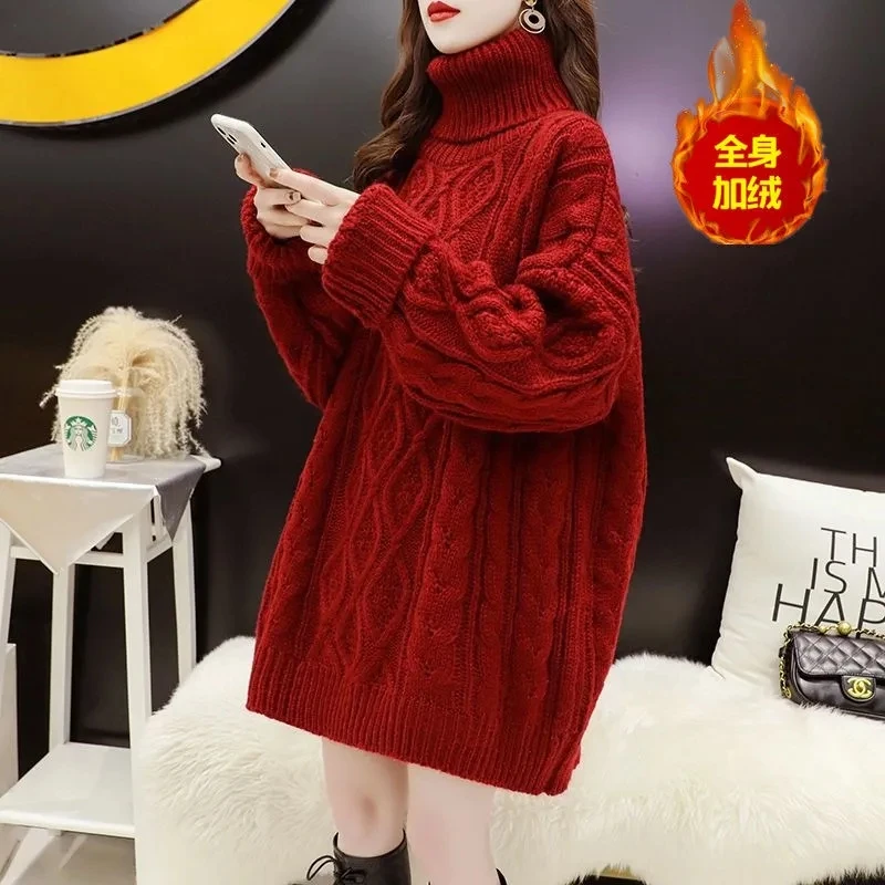 Red High Neck Sweater Women Thickened Mid length Autumn/Winter 2023 New Versatile Loose Thread Bottom Sweater Women Sweater tops