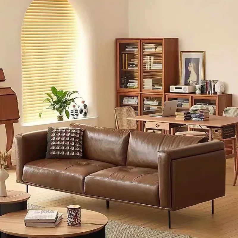 

Retro Nordic oil wax leather sofa designer Japanese-style small apartment Nordic expression first layer brown cowhide