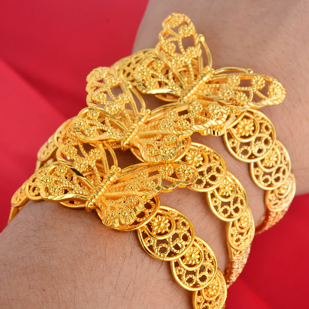 Africa Copper Gold Plated Bangles Carved Flower Bracelet Luxury Bride Jewelry Ethnic Mother Day Gift