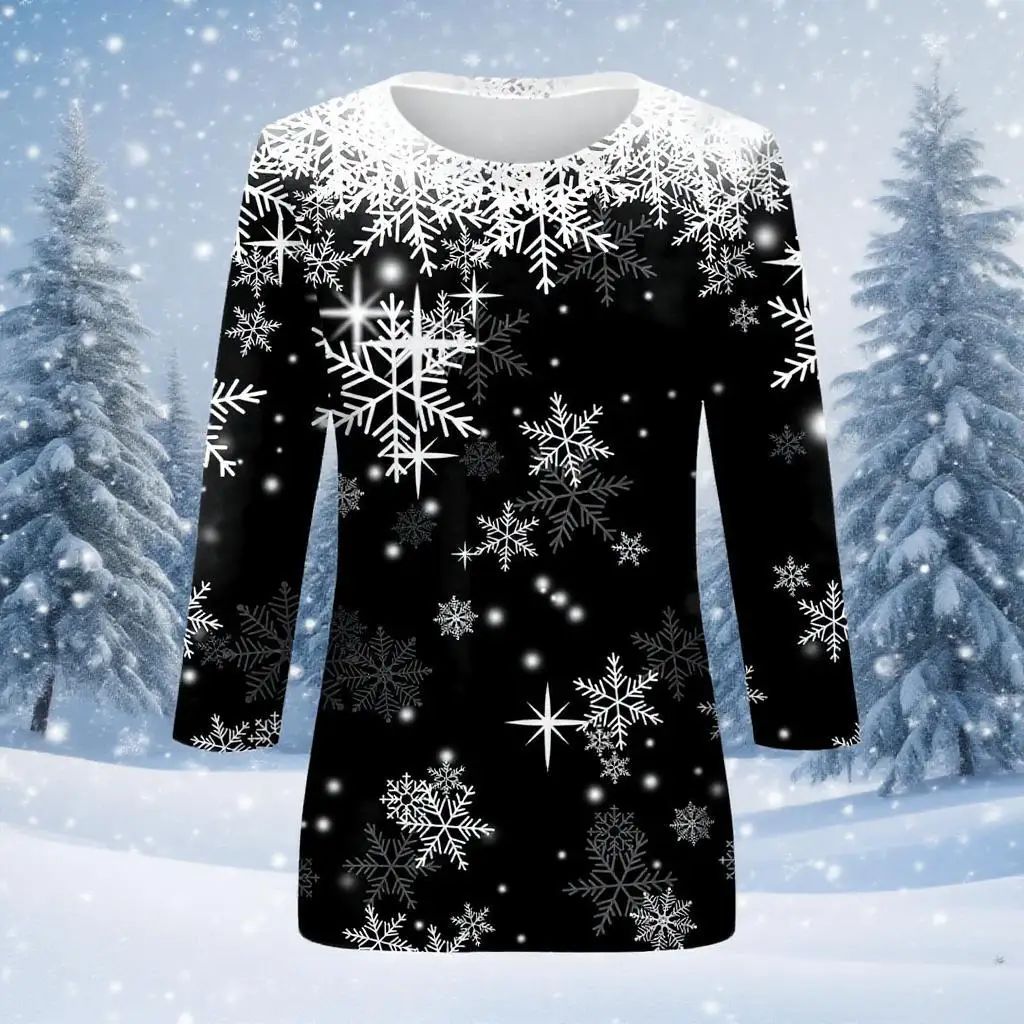 

Women Christmas Style Fashion T Shirt Elegant Snowflake Pattern Round Collar Lady Tops Female Loose Cozy Comfortable Clothes