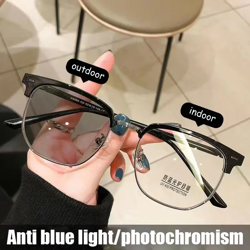 Vintage Halbrahmen-Brille mit Photochromatischen Gläsern und Blaulichtfilter für Damen und Herren, Schwarze Rahmen, Computerbrille