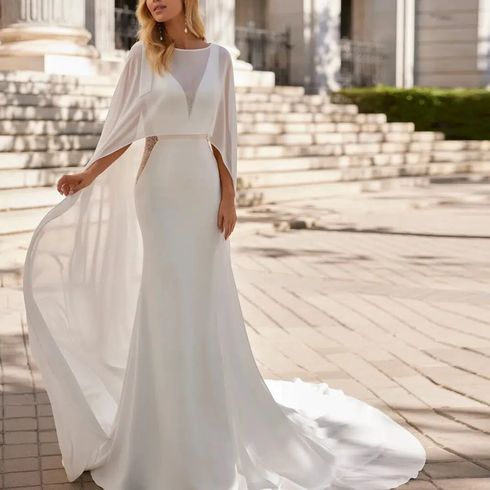 Vestido de novia de sirena recortado personalizado con capa con cuello en V sin espalda Vestidos de novia 2026 Corte Sirena adornos de lentejuelas