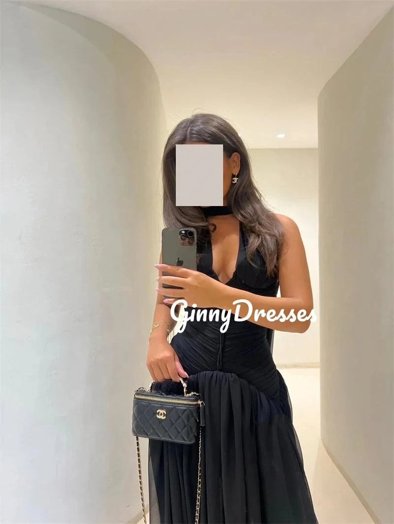 Gaun Malam Mewah Model A-Line Kerah V Dalam Berdetail Ruffle Hitam, Panjang Menyentuh Lantai Tanpa Lengan dengan Ritsleting, Vestidos De Festa 2025
