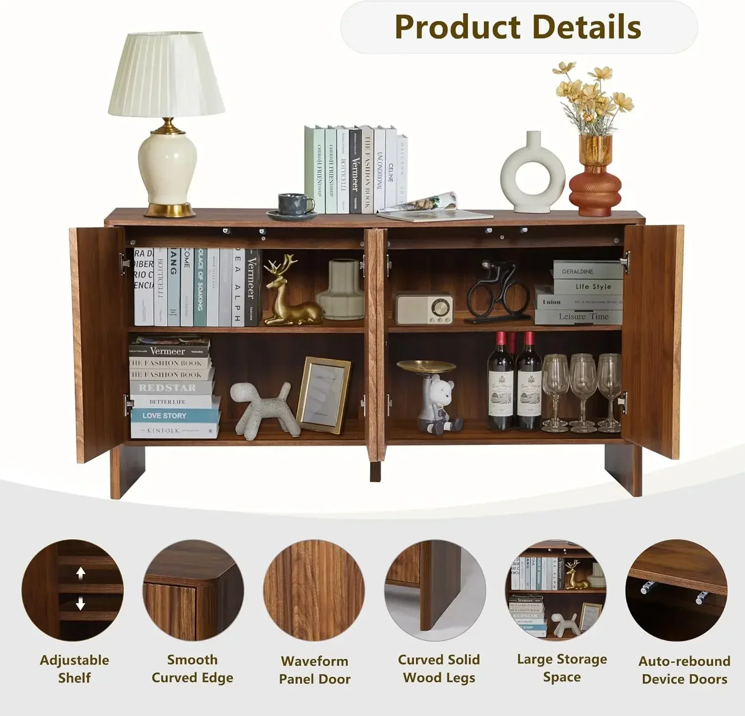 [أفضل بائع، اشترِ الآن! ]خزانة جانبية، 4 أبواب مخددة وأرفف قابلة للتعديل، وحدة تحكم خشبية، وحدة تحكم، ومطبخ لتناول الطعام