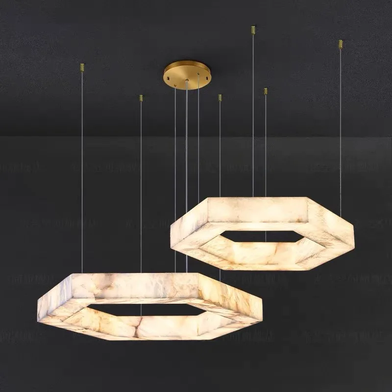 Marble Ceiling Pendant Light for Dining Room Kitchen Study Bedroom Chandelier Modern Polygon Lampshade Marble Decor Hanging Lamp