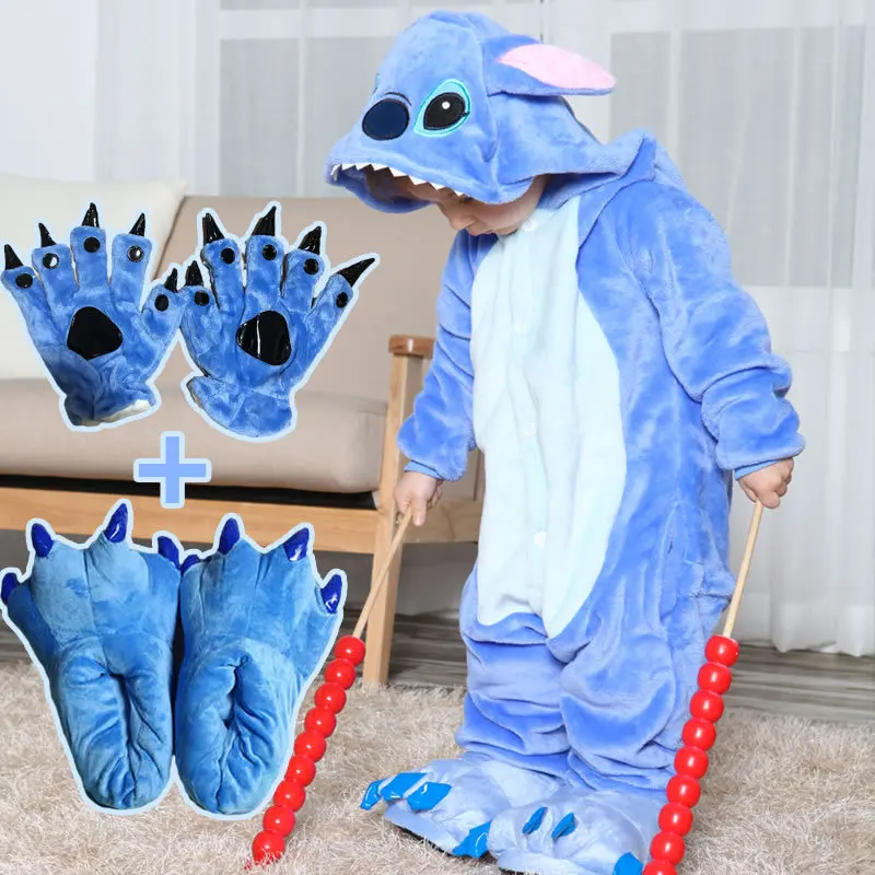 Disney Cartoon Stitch Plush Flannel Pajamas Baby Boy One-Piece Suit Cothes Set Long-Sleeved Winter Soft Warm Home Clothes Casual