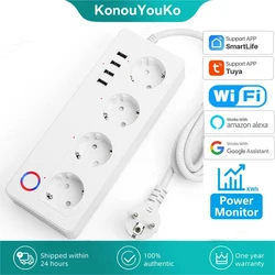 Tuya Wifi Smart Plug Power Strip EU Standard Outlet Monitor Timer Function Wireless Remote Control Works with Alexa Google Home