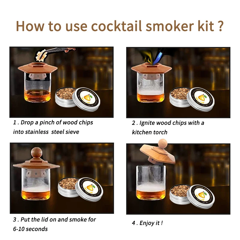 Cocktail Smoker Kit Wooden Hood Smoker At-Home Bar Cocktail Smoking Kit for Smoky Flavor to Scotch Whiskey Drinks