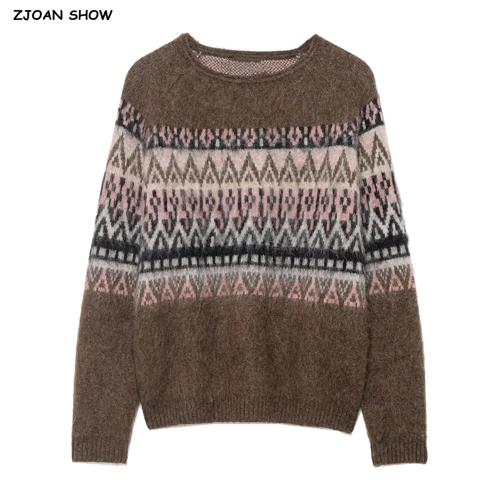 

Autumn Winter Vintage O neck Brown Geometric Rhombus Plaid Knit Shaggy Sweater Women Long Sleeve Jumper Loose Knitwear
