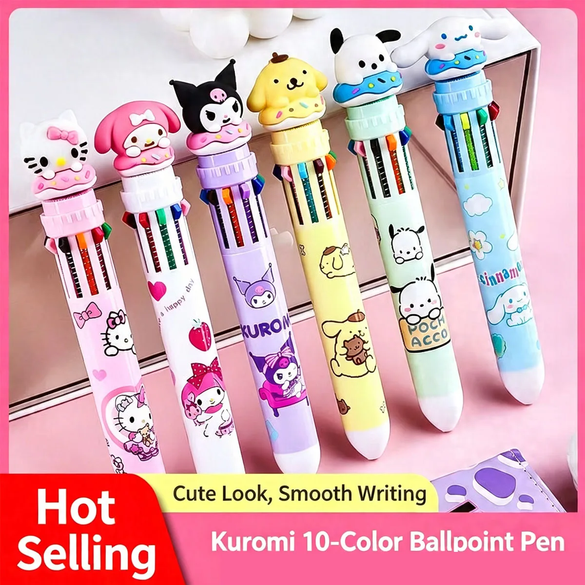 Sanrio Family 10-Color Retractable Ballpoint Pen Set Cute Kuromi Cinnamoroll My Melody School Office Stationery Supplies