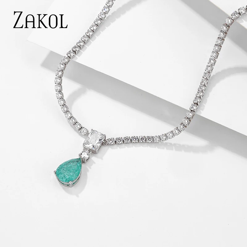 ZAKOL-collar de circonia cúbica para mujer, gargantilla de circonita azul brillante de lujo, joyería de Boda nupcial Premium, NP5080