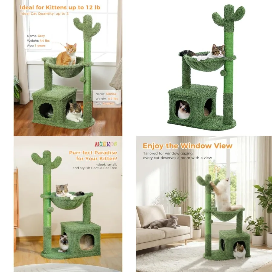 

Cactus Cat Tree Cat Tower with Large Metal Carpet Hammock, Cat Scratching Post for Indoor Cats with Condo and Replaceable Toy B