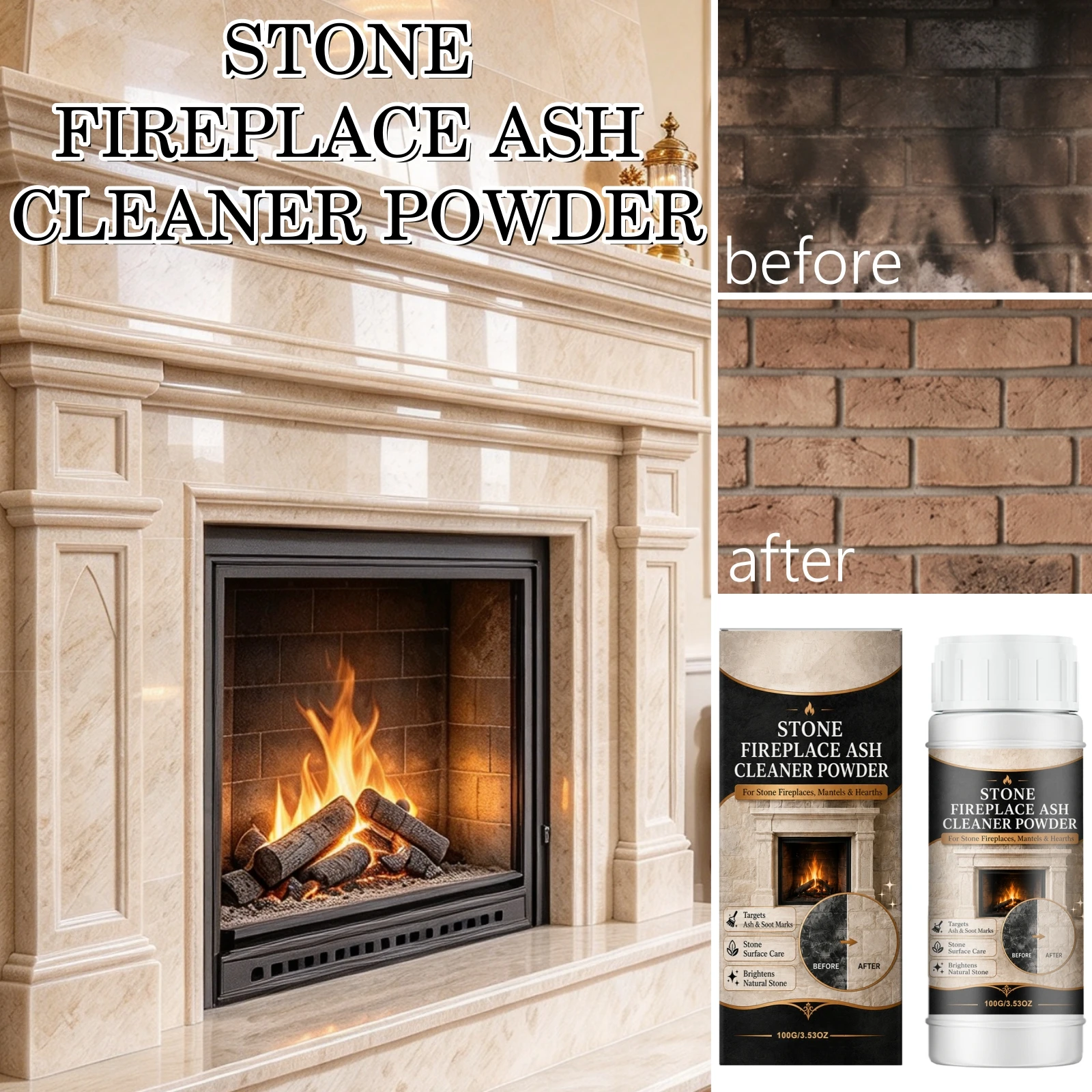 Stone Fireplace Ash Cleaning Powder Remove Natural Rock Hearth Mantel Soot Mark Residue Firebox Surface Ash Grime Stain Cleaner