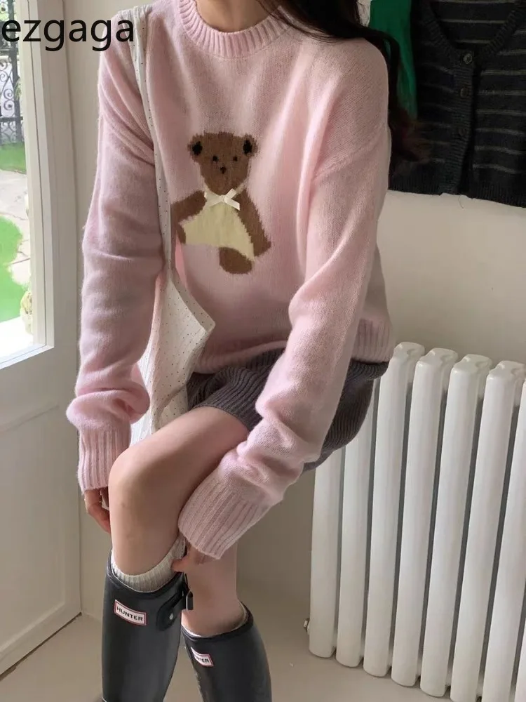 Ezgaga Sweater Women Sweet Cartoon Bear O Neck 2024 Autumn Winter Loose Elegant Pullover Knitwear Ladies Casual Jumper