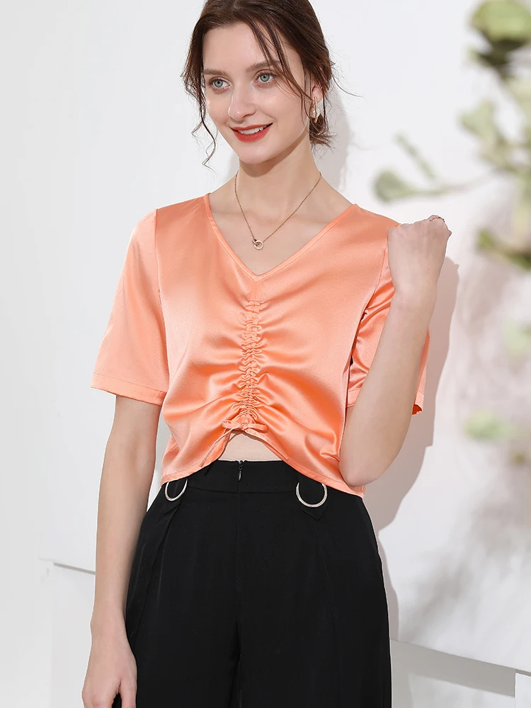 

Silk V-Ne ort Sve T-irt Pure Color Design Original Sle Lightweight Straight Cut Women's irt Summer Collection