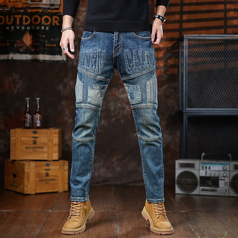 High end slim fit small straight leg jeans with men's patchwork design, fashionable printing trend, nostalgic denim pants