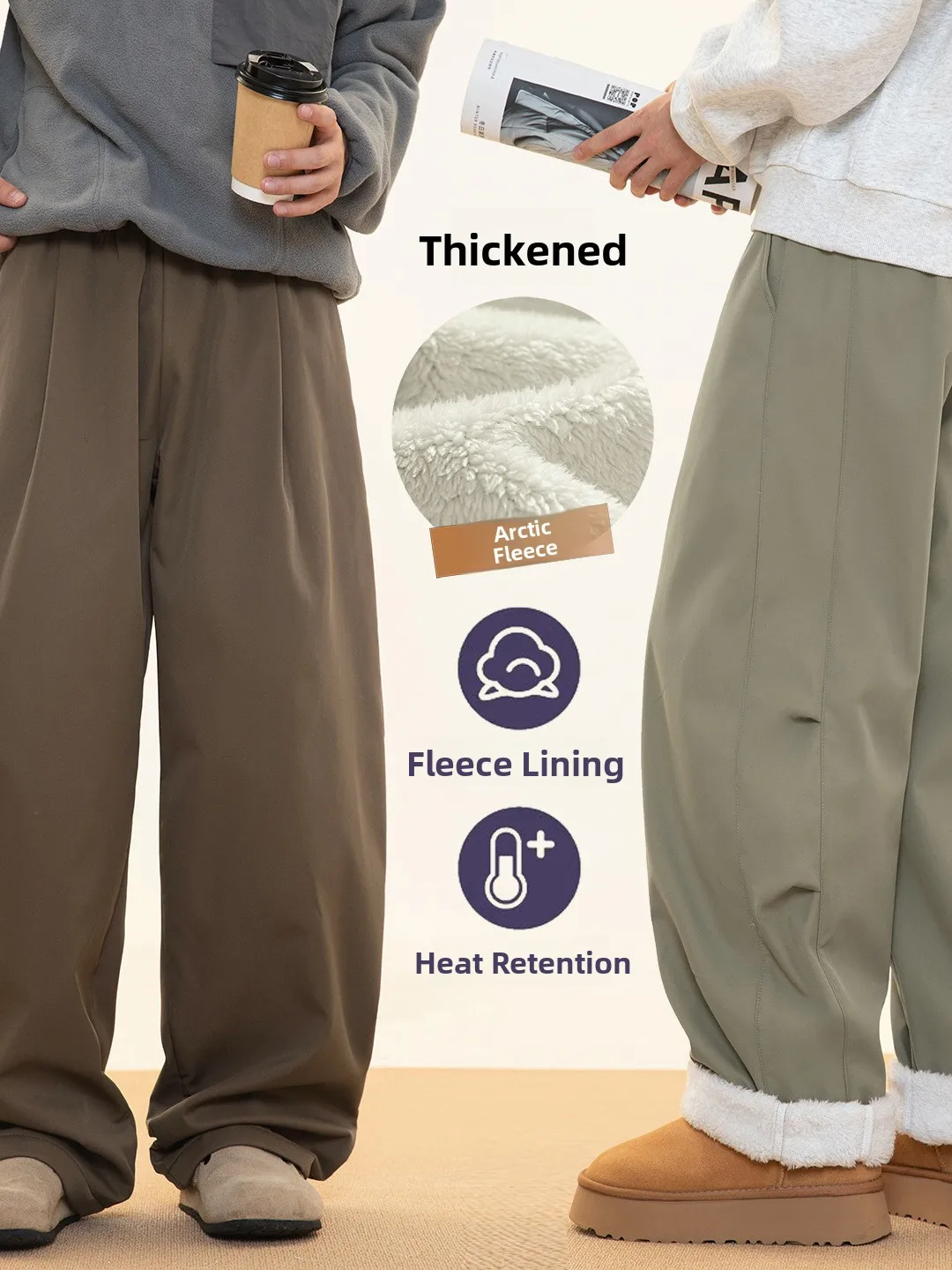 

Brown Fce Lined Thiened Casual Pants Men's Autumn Winter Loose Feel Wide Leg Trousers Japanese Sle Loose Fit Long Pants