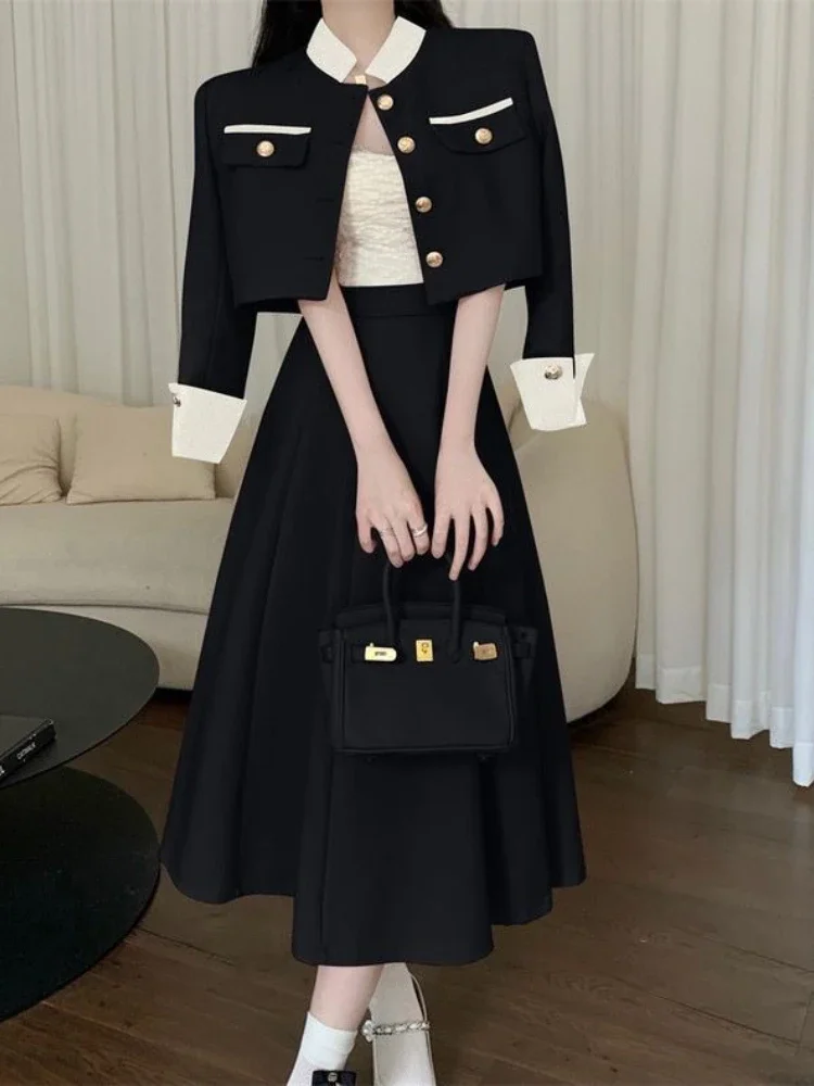 Elegance Comfortable Office Lady Set New Autumn Colored Stand Up Neck Short Style Splice Top Mid-length Skirt Set Two Piece