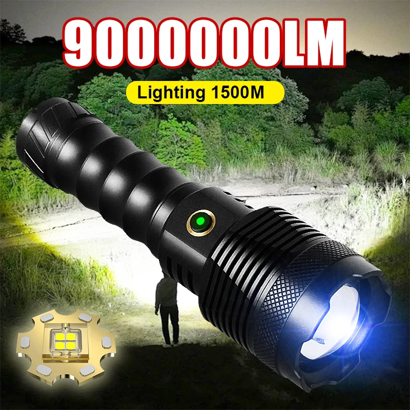 

Powerful Flashlight 9000000LM Rechargeable LED Lamp Zoomable Lantern Emergency Flashlights Ultra Bright Torch Lamp For Fishing