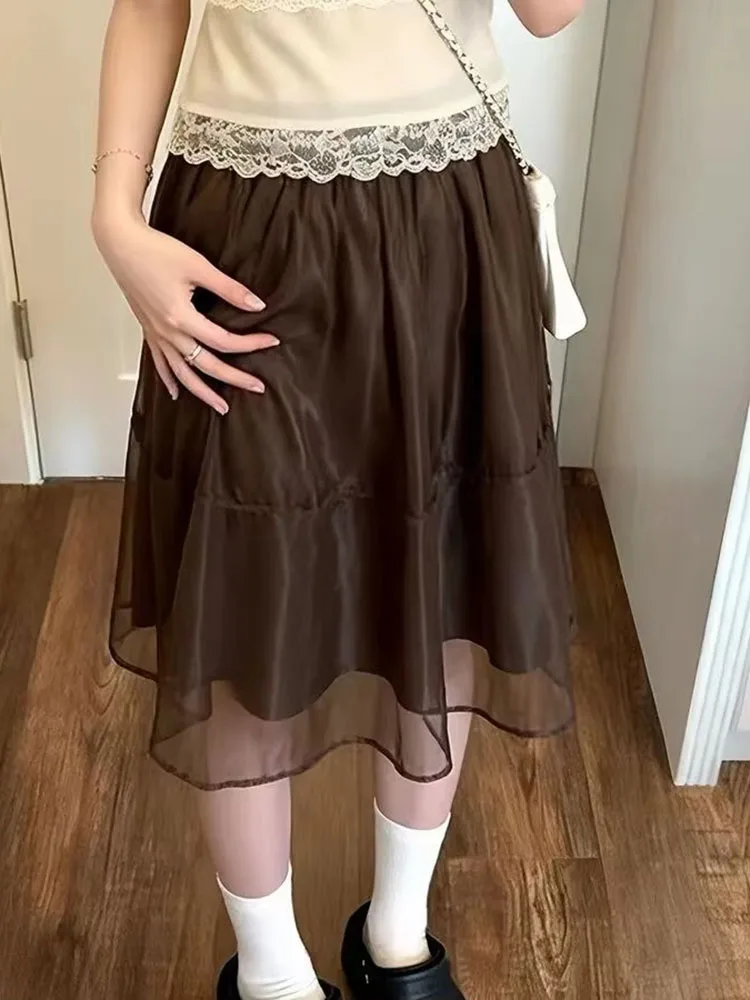 Chic Solid Color Skirt Women Clothes Patchwork Gauze A-line Jupe High Waist Vintage Saia 2026 Faldas Mujer De Moda Summer Skirts