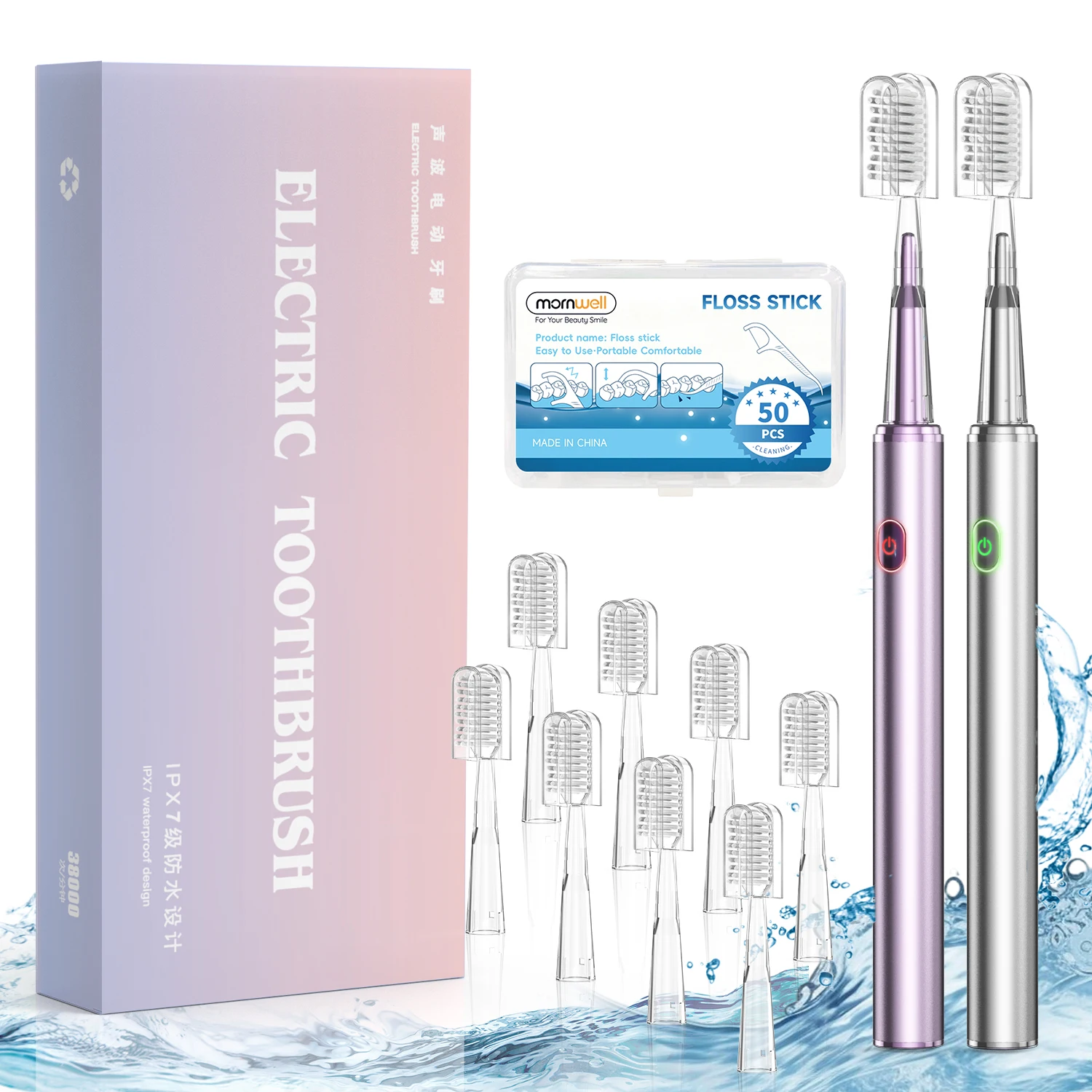 

Mornwell Mental Electric Toothbrush Thin Brush Body Specially for Women Beauty Soft DuPont Bristle With 4 Heads for Couples