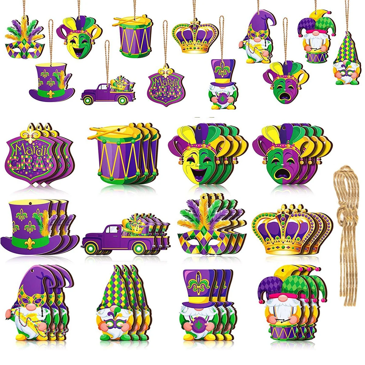 

36Pcs Mardi Gras Wooden Hanging Ornaments Carnival Gnome Crown Mask Decorations Party Favors Home Party Supplies