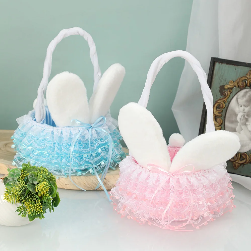 

Easter Basket With Plush Bunny Ears Rabbit Flower Bucket For Hotel Shops Party Supplies Sequins Pink Home Decorations